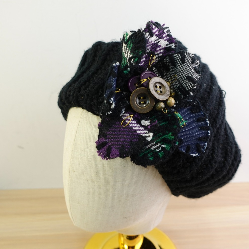 Whimsy Hat Womens  DESIGUAL Knit Beret Patchwork Flower Beanie Button Funky